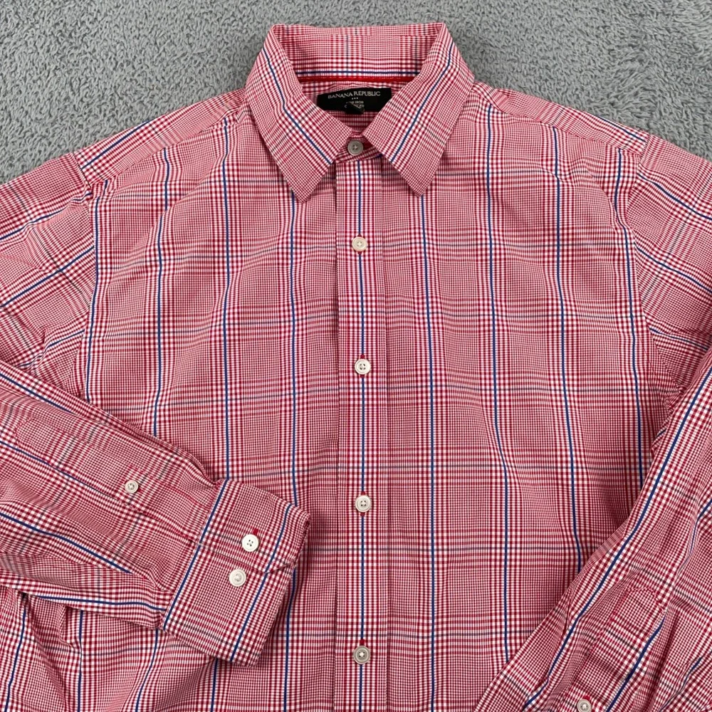 Banana Republic Shirt Mens Medium Red Non Iron Classic Fit Plaid Button Up Dress